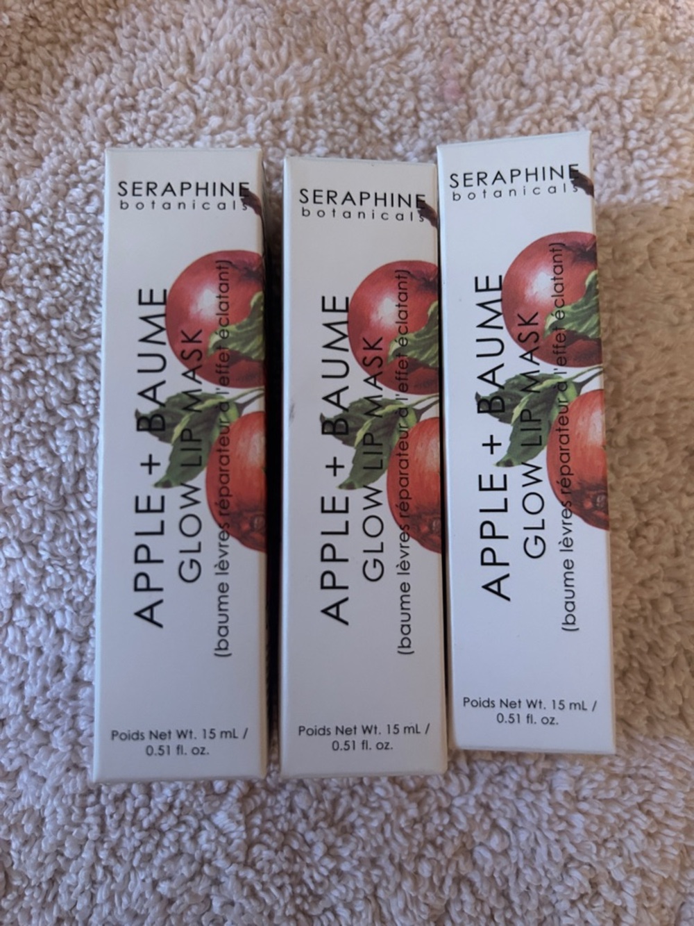 3 New Seraphine Botanicals Apple + Baume Glow Lip Mask - White & Red Packaging